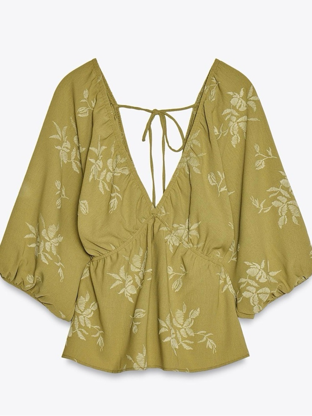 Zara Olive Floral Deep V Peplum Blouse